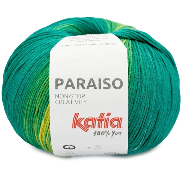 Cotone Paraiso New Katia Filati gomitolo 100 gr colore 207 Verde smeraldo Arancione chiaro Giallo Blu shop online prodotti sito merceria il mio lavoro